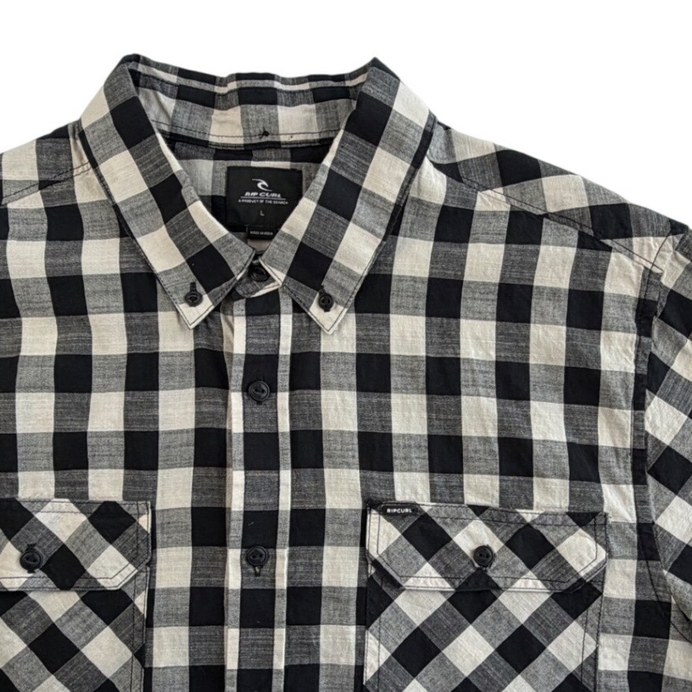 Rip Curl Mens Large Black White Buffalo Plaid Short Sleeve Button Down Shirt